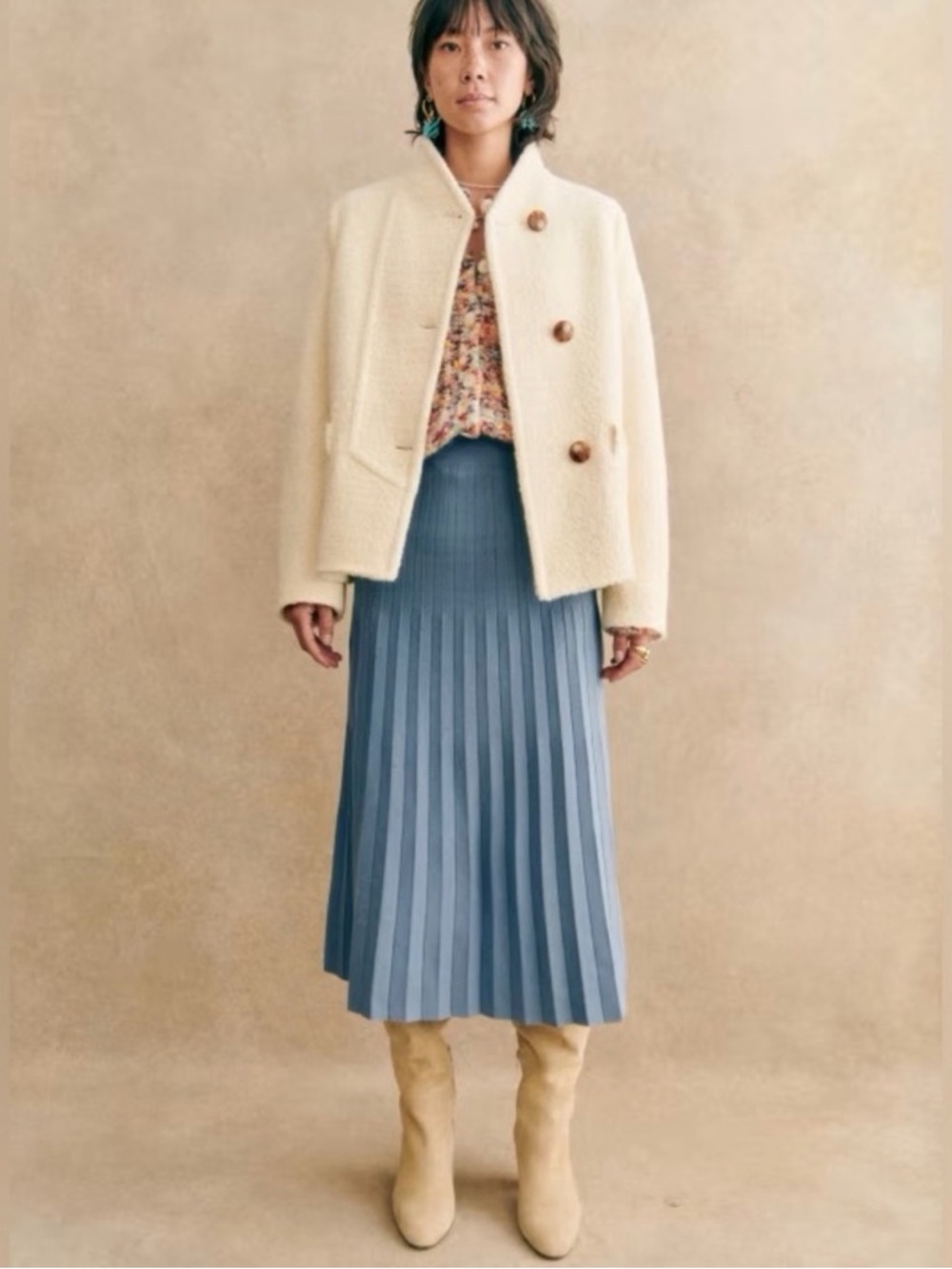 Sezane Dusty Blue Pleated Midi Skirt